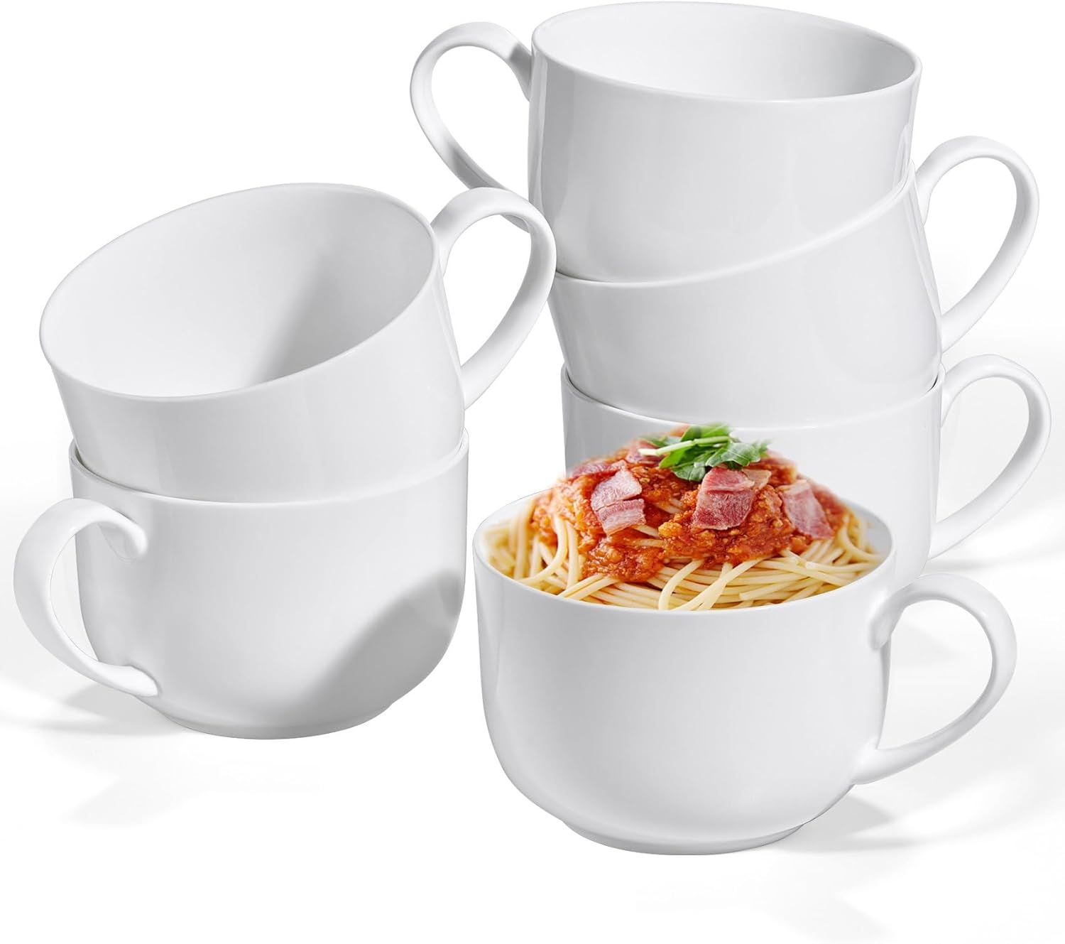 25oz Large Bone China Soup Mugs Set of 6, White Lightweight Ceramic Coffee Mugs, Porcelain Cereal Mugs with Handles for Ramen Oatmeal Yogurt, Ceramic Latte Mugs Tea Cup, Dishwasher Safe 25oz white 6 PCS
