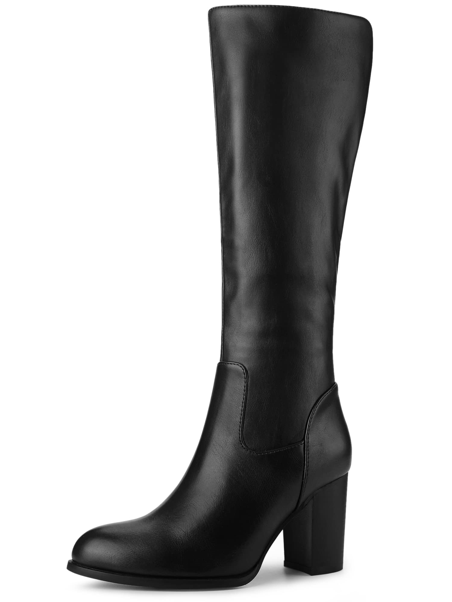 Bigfanshu Women's Knee-High Boots - Thick High Heel (6-8cm), Flower Embossed, Round Toe, Autumn/Winter