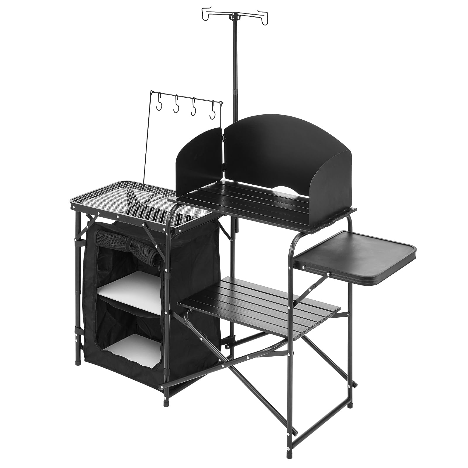 VEVOR Mesa de Cocina para Acampar al Aire Libre, de Aluminio, con Armario de Almacenamiento, Bolsa de Transporte, Parabrisas Desmontable, Apto para Barbacoa, Fiesta, Pícnic, Viajes en RV, Negro