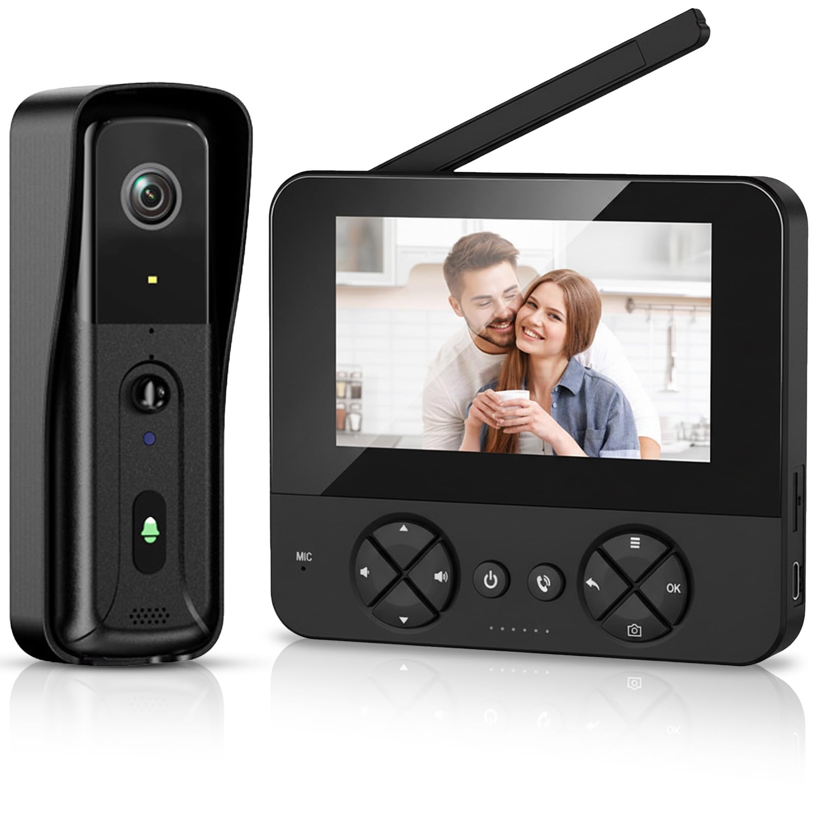 Campanello senza fili con fotocamera e monitor da 4,3 pollici, campanello senza Wi-Fi, audio a 2 vie HD, citofono con rilevamento del movimento PIR, visione notturna a infrarossi e display
