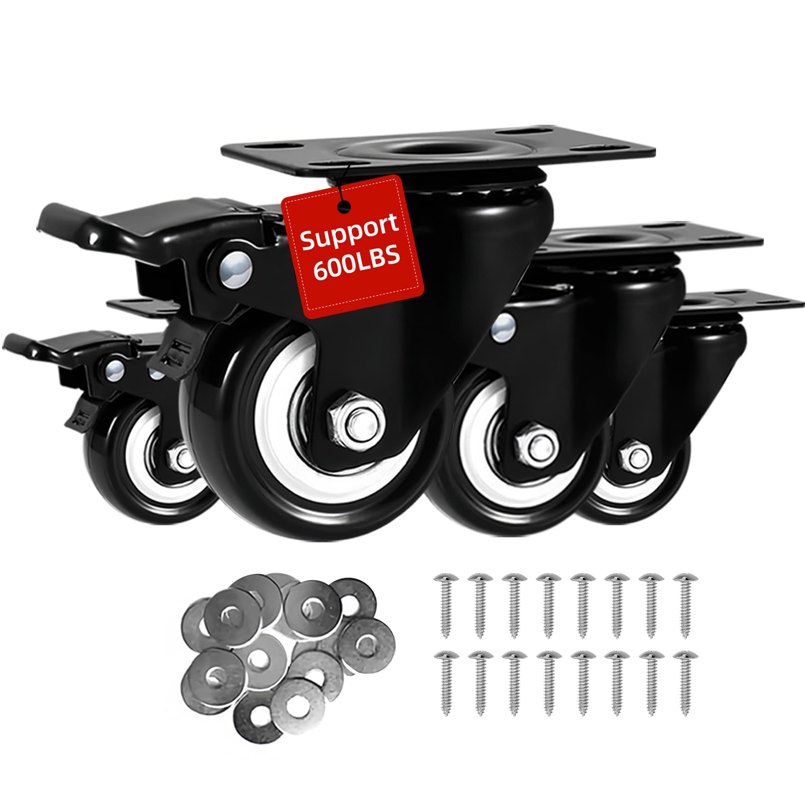 2 inch Caster Wheels Casters Set of 4, Heavy Duty Locking Casters Wheels with Brake, No Noise Polyurethane (PU) Wheels, Swivel Plate Castors for