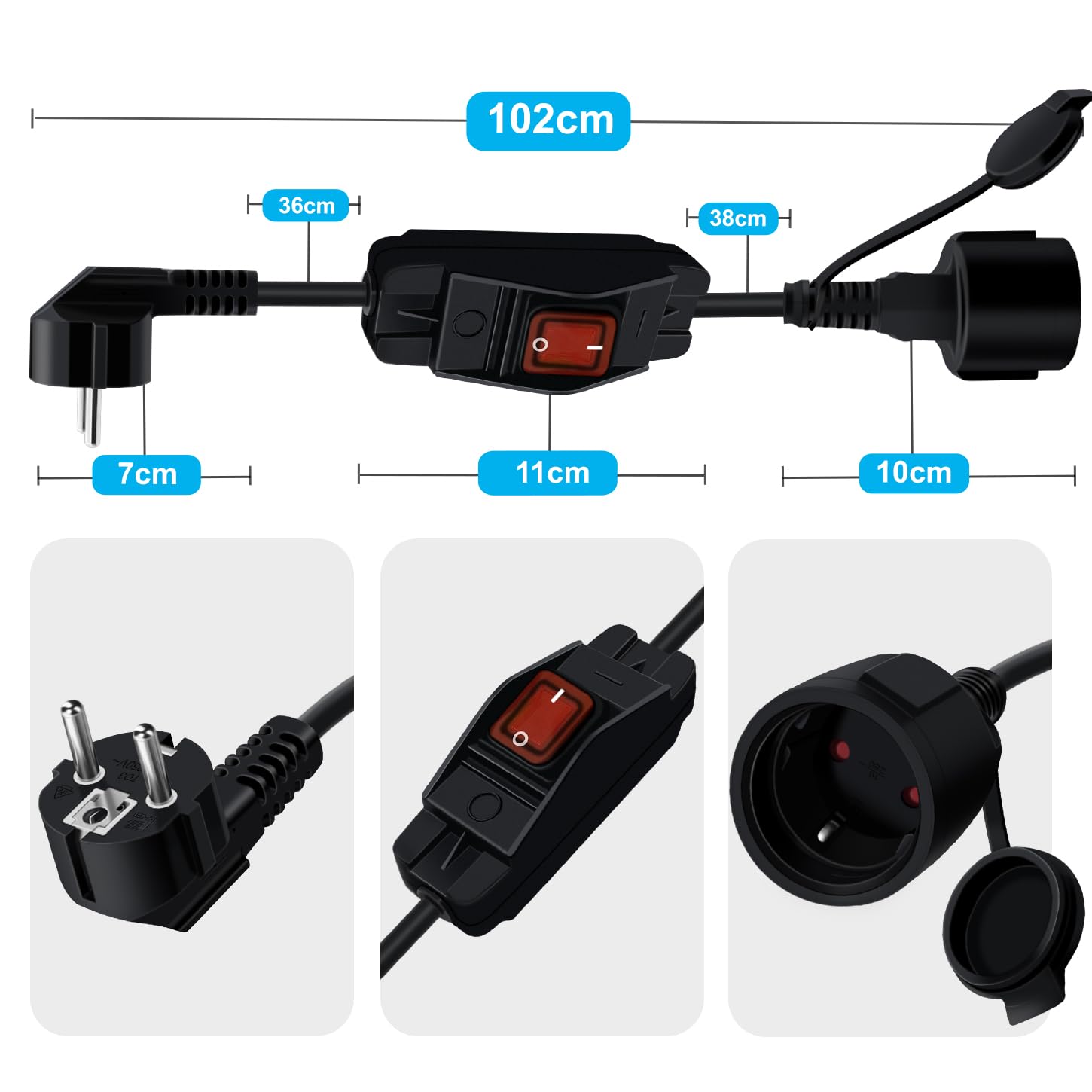 Przedłużacz z wtyczką Schuko i wyłącznikiem 16 A 250 V 90 stopni Kabel Schuko z wyłącznikiem 2 AC do gniazdka IP44 do użytku na zewnątrz lub wewnątrz, w domu, biurze (Czarny, 1 m)