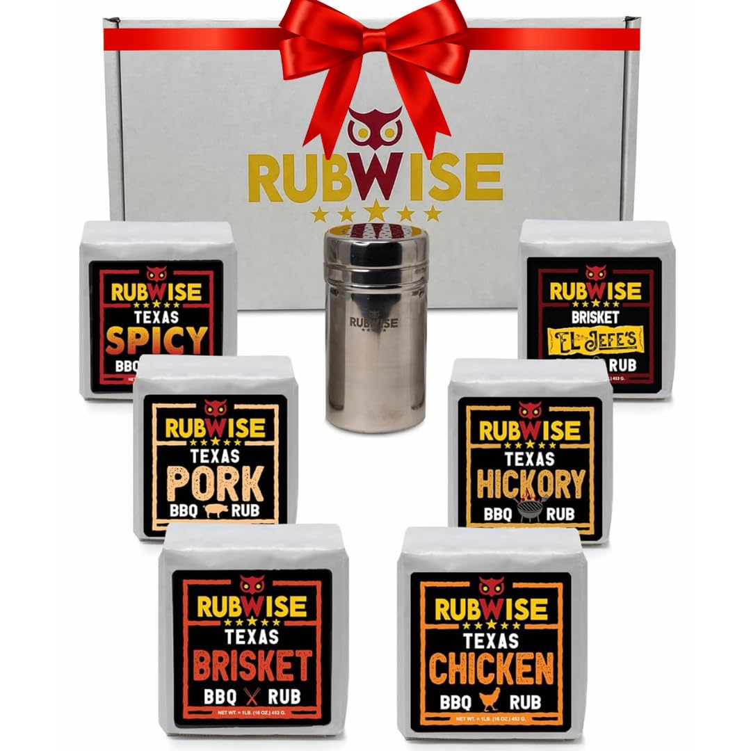 RubWise Texas Style BBQ Rub Gift Set (6 x 1 lb bags) | Meat Spice and Seasoning Variety Pack | Smoking & Grilling Gifts for Men | Brisket Rubs, Chicken, Pork, Hickory, Spicy, El Jefe | Shaker Included