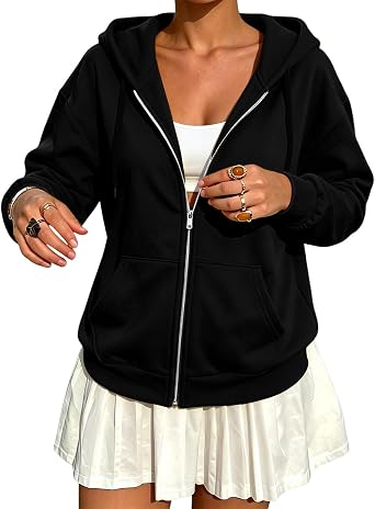 OIOLOYJM Zip Up Hoodies for Women Lightweight Long Sleeve Sweatshirt Jacket Plus Size Loose Fit Hooded Coat with Pockets