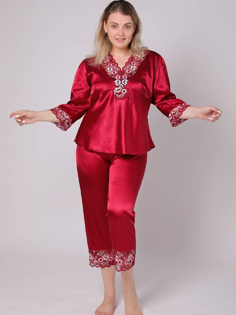 YUHOOE Pijamas De Mujer,Conjunto De 2 Piezas De Pijama De Satén De Seda De Talla Grande con Cuello En V Bordado De Encaje Sedoso Ropa De Dormir De Manga 3/2 Ropa De Dormir Ropa De Casa,Rojo,6XL