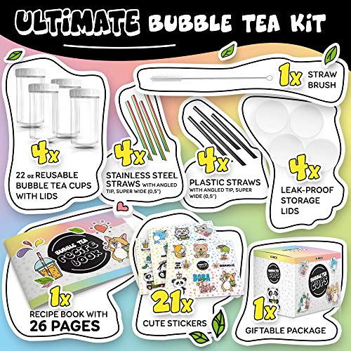 4-Pack Reusable Bubble Tea Cup Set – 22oz Glass Boba Tea Cups with Lids & Straws – Bubble Tea Gift Set Includes Recipe Book & Stickers - Reusable Boba Cup for Milk Tea & Smoothie & Iced Coffee