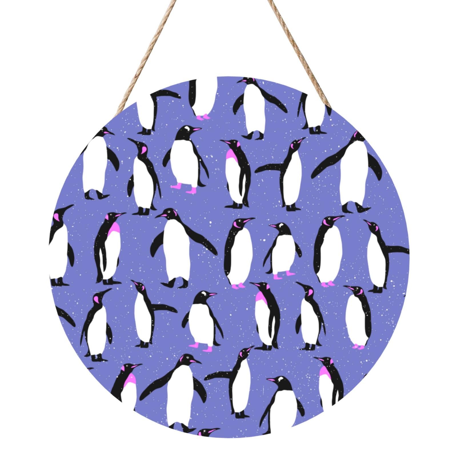 InOmak Cute Penguin Purple, Round Wood Panel Painting 12 in, Wall Hanging Painting For Home