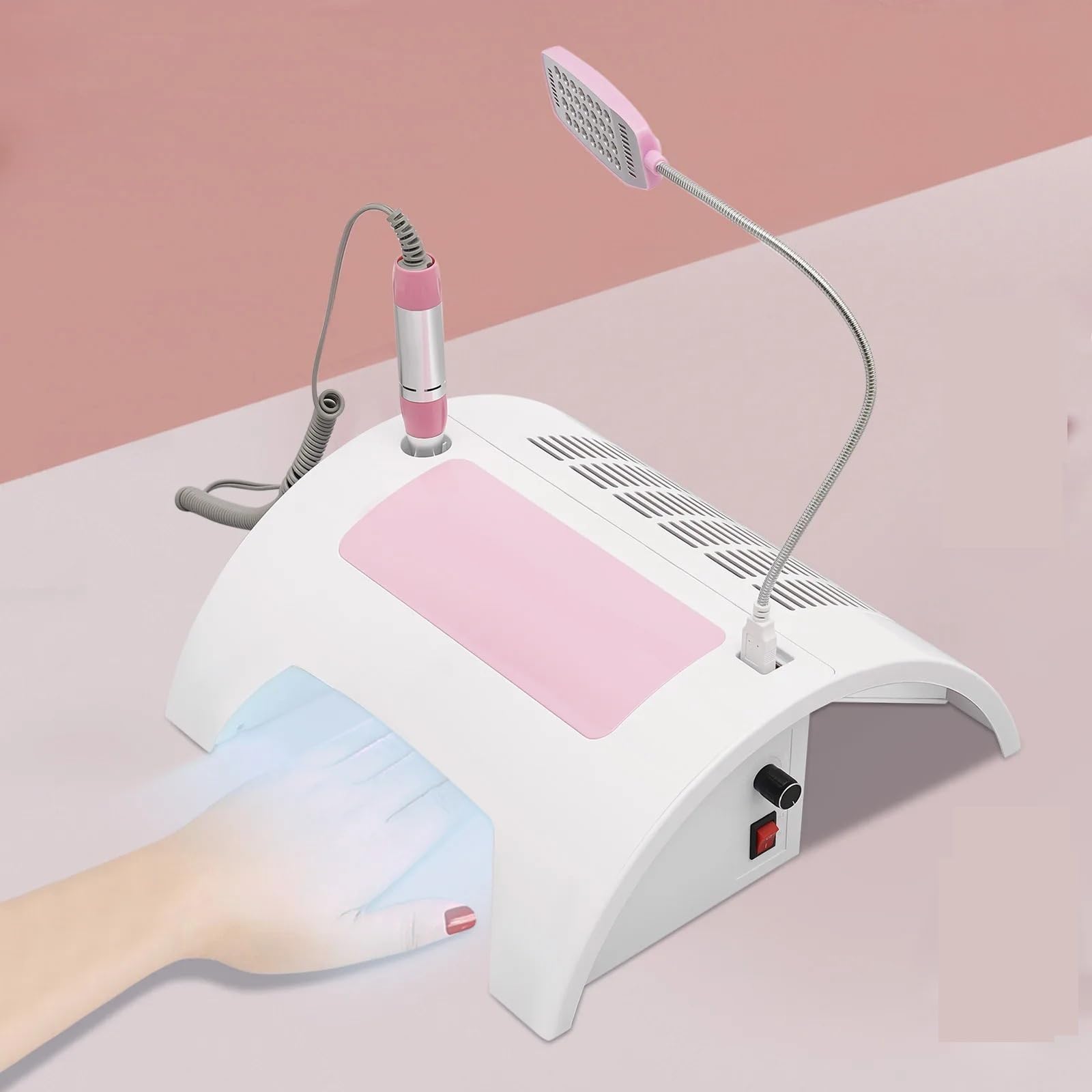 Extractor de polvo de uñas, Lámpara de uñas 5 en 1 con colector de polvo, taladro, reposamanos y lámpara LED de escritorio for esmalte de gel, for salón de uñas y uso doméstico.