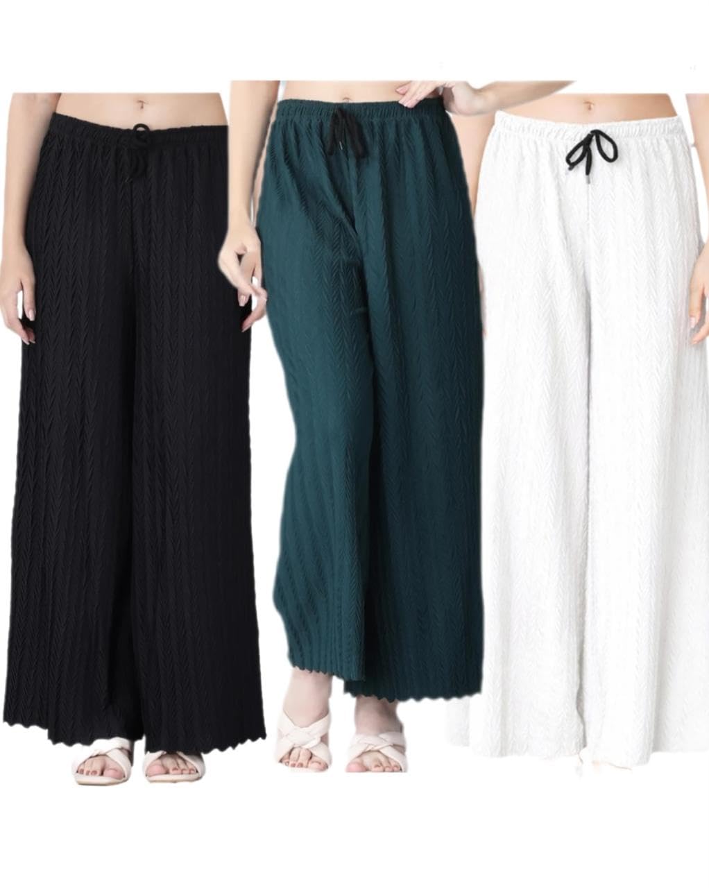 Women Pleated Palazzo Pants Pack of 3 Black White Green-image-37