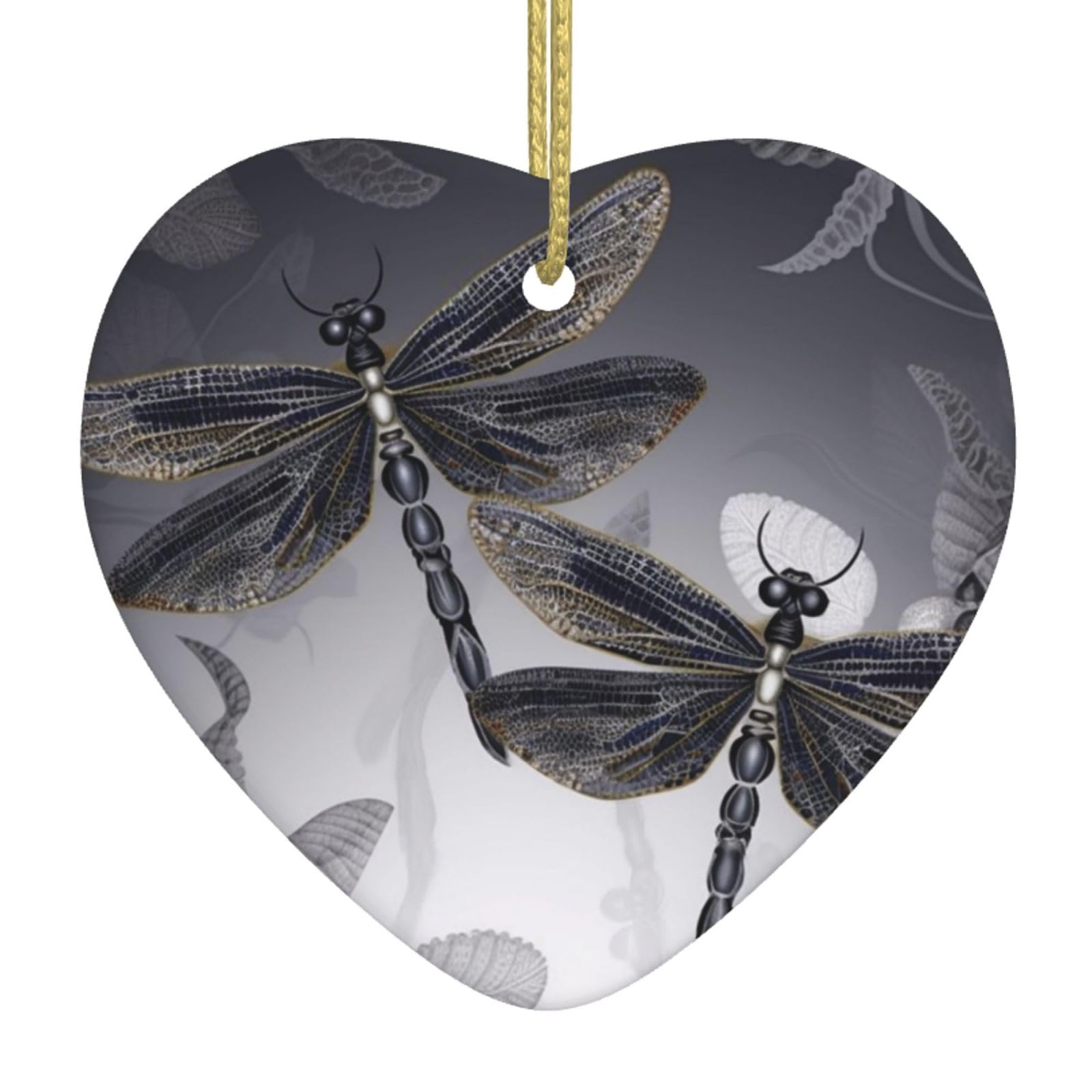 Dragonflies Grey Christmas Ornament 2025 Heart Ceramic Hanging Ornaments for Home Decor Christmas Decorations with Gold Rope Double-Sided Xmas Tree Ceramic Hanging for Holiday Party