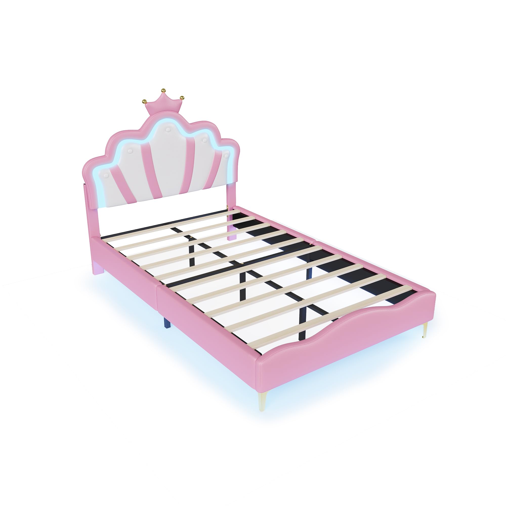 Lit Enfant 140x190 en Forme de Couronne Princesse, Lit avec LED et Tête de Lits Réglable, Cadre Lits 1 Place en Nuages pour Ado, Rose PU
