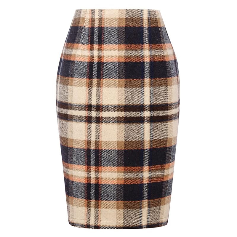 FUNSEED Fall Winter Plaid Skirts for Women Knee Length Pencil Split Skirt with Zipper Business Casual Style