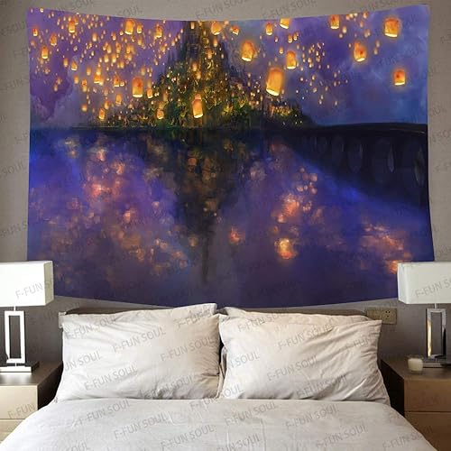 Miniatura 3 de F-FUN SOUL Tapiz de castillo nocturno, franela suave grande de 80 x 60 pulgadas, patrón difuso de linterna de castillo de dibujos animados, tapices