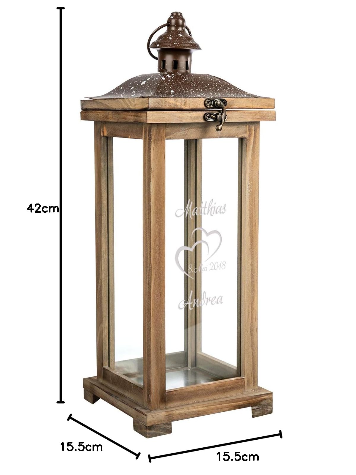 Personalisierte Landhaus Laterne | XL Holzlaterne 42 cm groß | Geschenk zum Hochzeitstag Hochzeitsgeschenk | Geschenkidee Hochzeitstag Mann Frau Großeltern | Gartendeko Gartenlaterne | Herzen - Datum