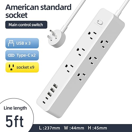 Miniatura 7 de Regleta protectora de sobretensiones, 9 tomas ampliamente espaciadas, 3 puertos USB A y 2 puertos USB C, cable de extensión largo de enchufe plano