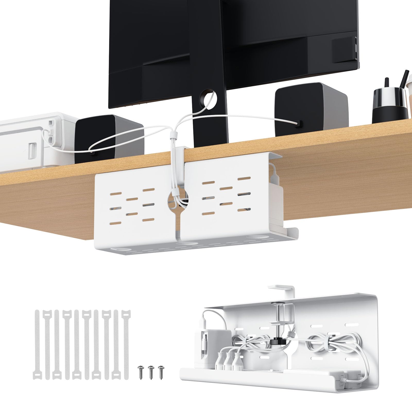 KEEGH Under Desk Cable Management Tray, 16" No Drill Desk Cable Baskets Upgrade Capacity, Clamp/Screw Mount Cord Organiser Desk, Gaming/PC Cable Tidy Tray Cord Hiders for Home Office, White