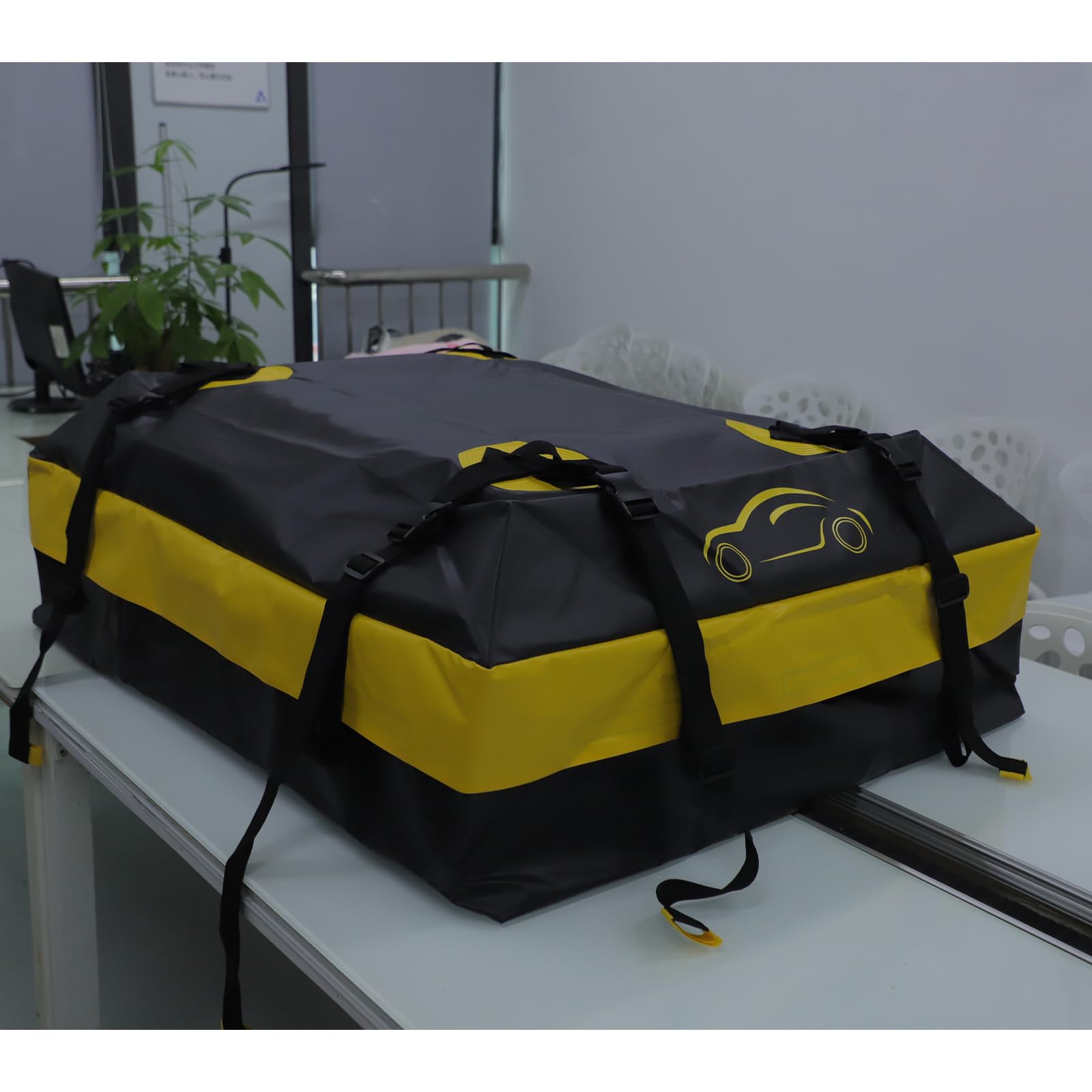 ISOPHO Borsa portatutto Borsa da tetto per auto, 425L Box da tetto pieghevole impermeabile per borsa da tetto auto senza ringhiera/con ringhiera, nero/giallo Box da tetto Con 6 cinghie, di cui 4 fisse