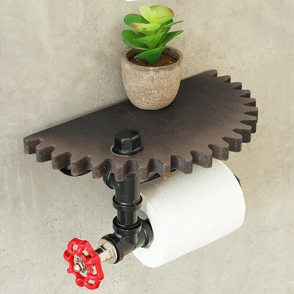 Estante de pared circular industrial rústico con soporte de tubería y función de engranaje de madera para organización de papel higiénico y toallas (B)