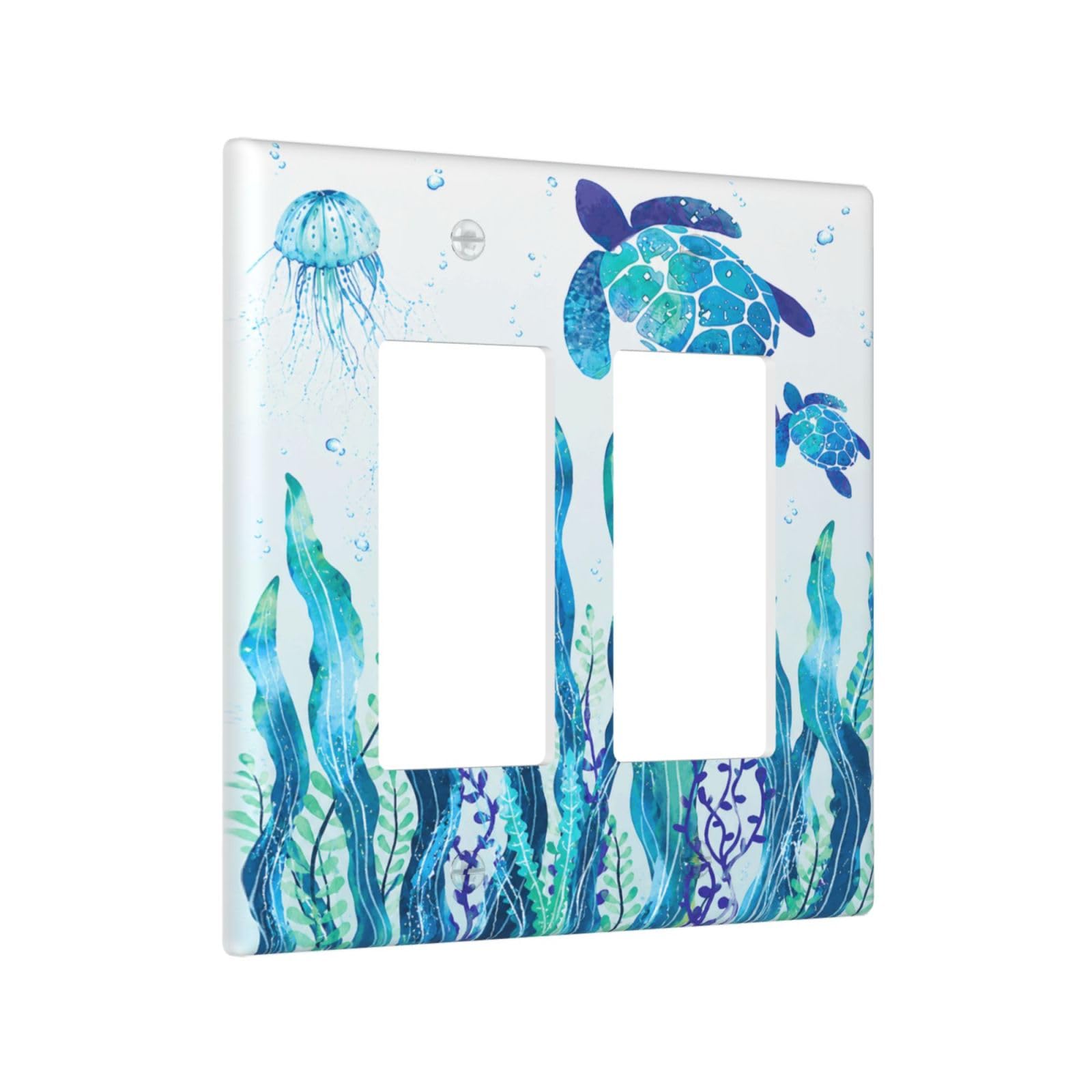 Xuejiaku Decorative Outlet Covers Teal Sea Turtle Jellyfish Seaweed Underwater Ocean 2 Gang Light Switch Cover Plate Double Rocker Wall Plates Electrical Switch Plate Covers for Bedroom Home Decor
