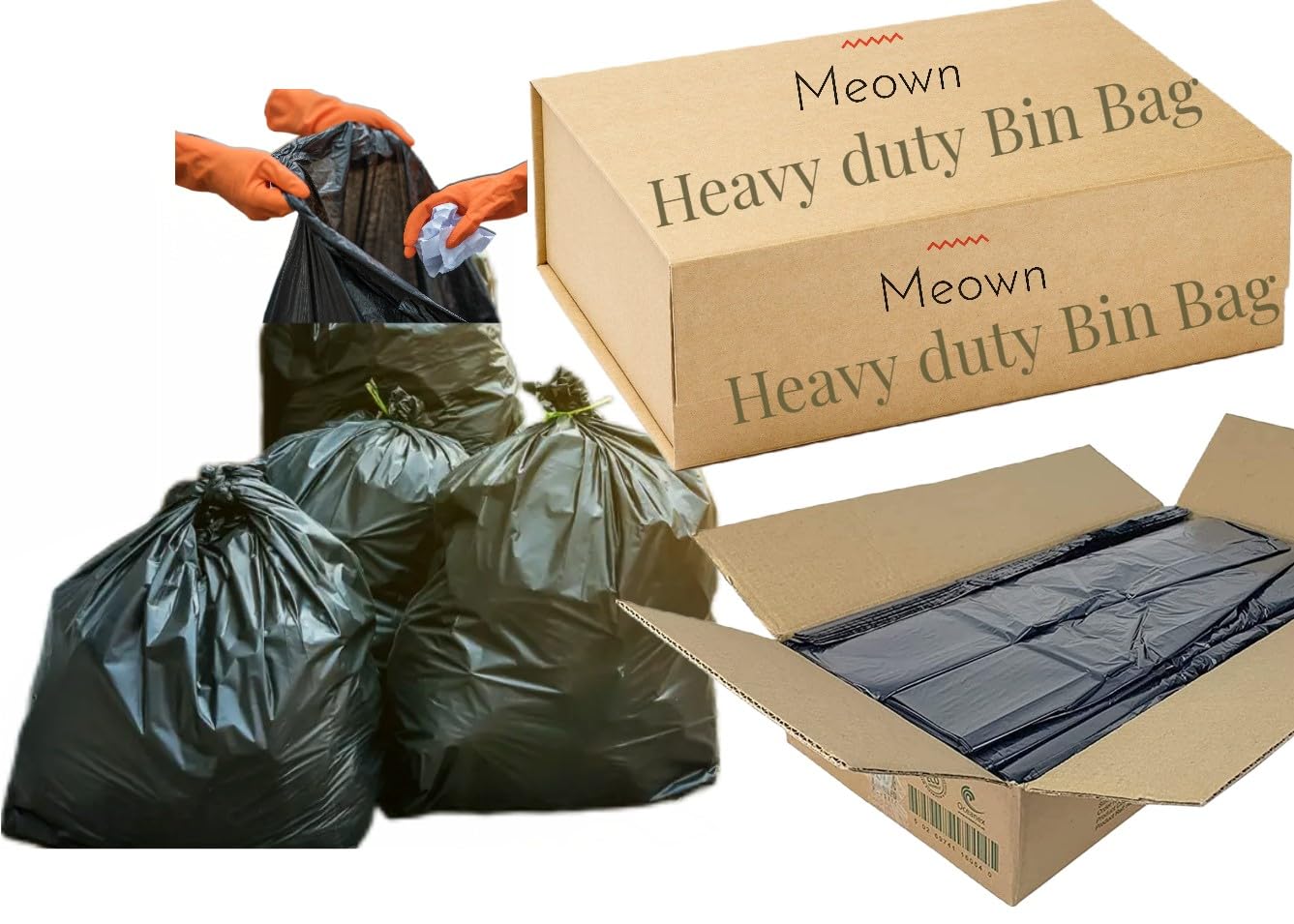 MeownHeavy Duty Bin Bags - Strong & Tear Resistant - 250 Gauge - Pack of 200 - Ideal for Waste Management, Household, Office & Kitchen
