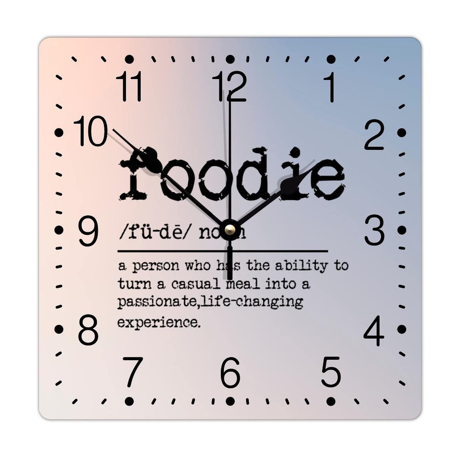 Zyadsinoudor Foodie Definition Square PVC Clock Inspirational Sayings Hanging Clock Dictionary Artwork 12in Battery Operated Abstract Clock for Gifts Home Office School Kitchen Living Room