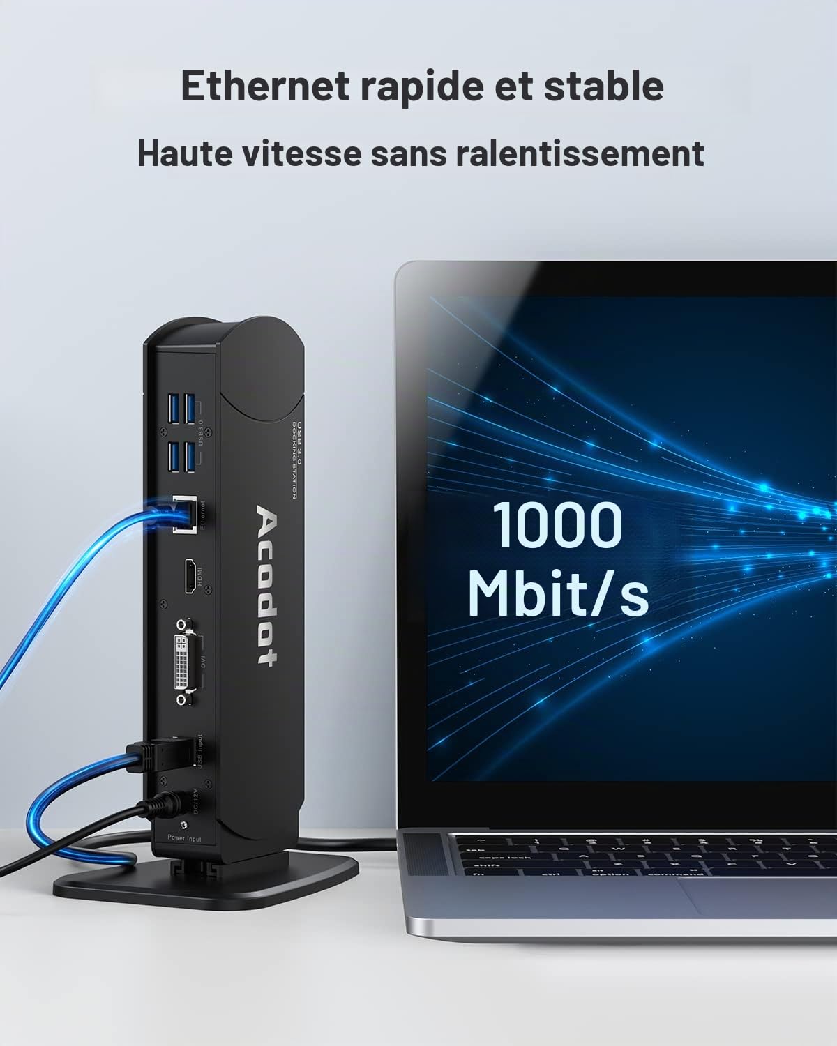 Acodot Station d’Accueil USB 3.0 Double écran (HDMI/DVI/VGA) – 6× USB 3.0, Gigabit Ethernet, Audio – Dock Universel pour PC Portable – 2560×1440/1080p – Adaptateurs DVI-HDMI & DVI-VGA