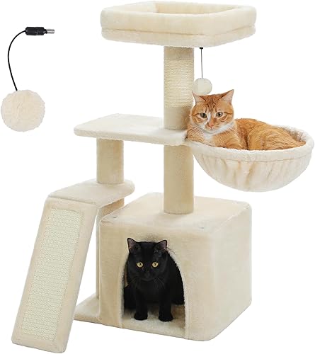 PETEPELA Árbol pequeño para gatos de interior, 32 pulgadas de torre para gatos con rampa rascador de sisal, hamaca acogedora y percha superior Beige