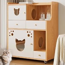 2-in-1 Cat Litter Box Enclosure Furniture, Movable Wooden Cat Litter Box Cabinet with Storage Drawer, Living Room Storage Cabinet with Cat-Sized HoleNatural,90cm/35.4in