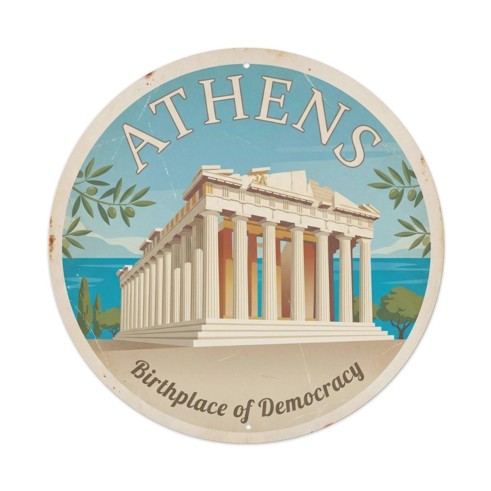 Vintage Travel Athens Acropolis Historic Metal Tin Sign Plaque Wall Decor for Cafe, Club, Garden Round Metal Poster 8x8Inch