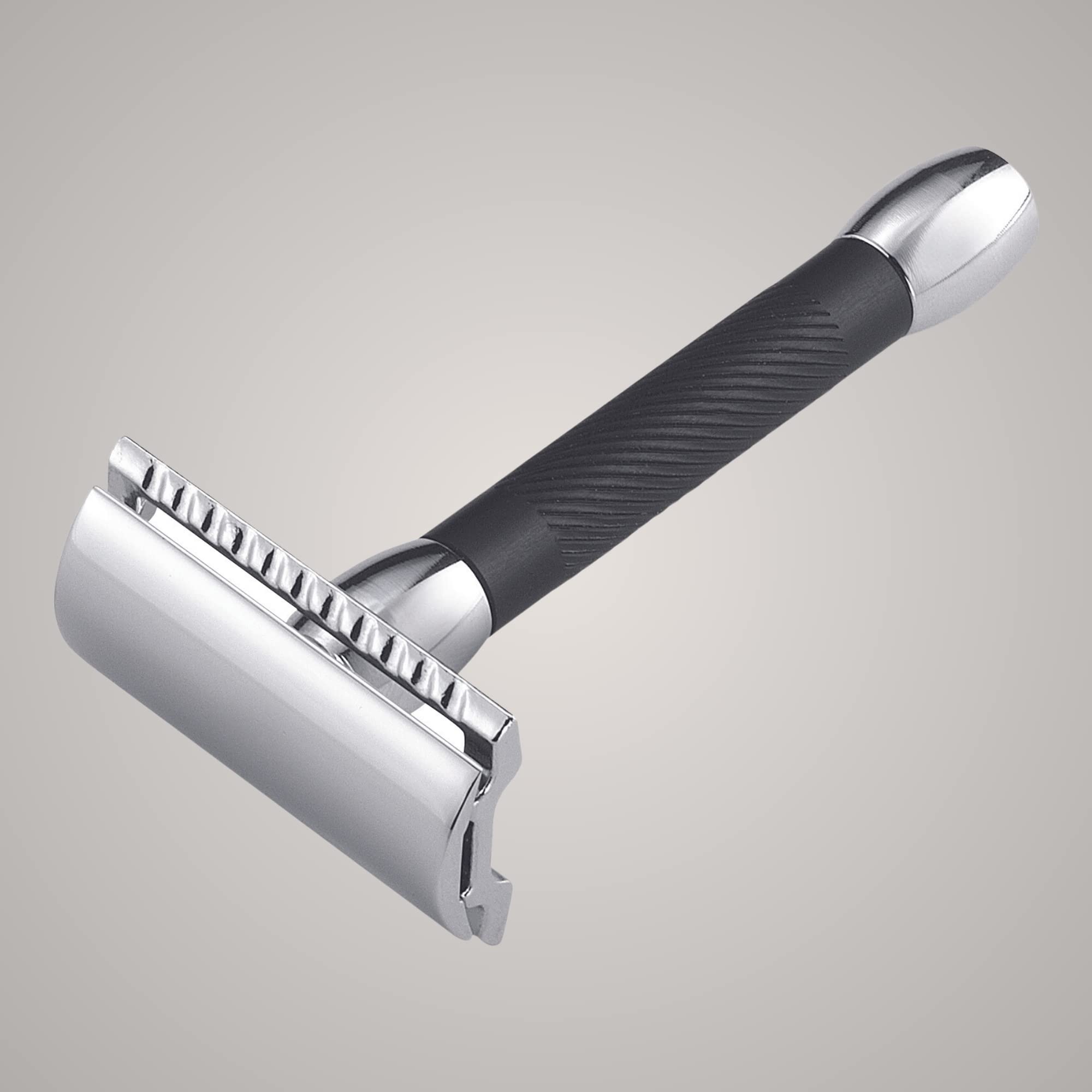 MERKUR Rasierhobel 30C | Glanzchrom/Schwarz | Dreiteiliger Rasierer mit geradem Schnitt | Rasierhobel mit geschlossenem Kamm | Ideal für Nassrasur | Zink, Aluminium, Messing | Made in Germany