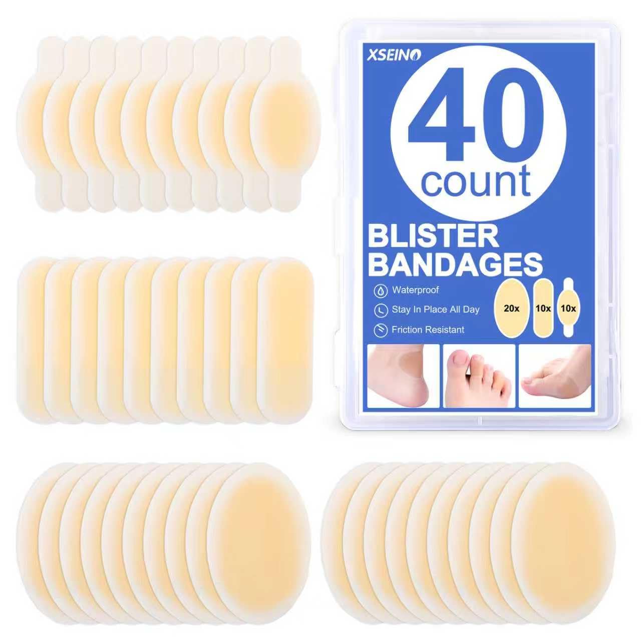 XSEINO Better Blister Bandages - 40ct - Water Resistant - 40% More Cushioning - Hydrocolloid Bandages for Foot, Toe, & Heel - Blister Pads for