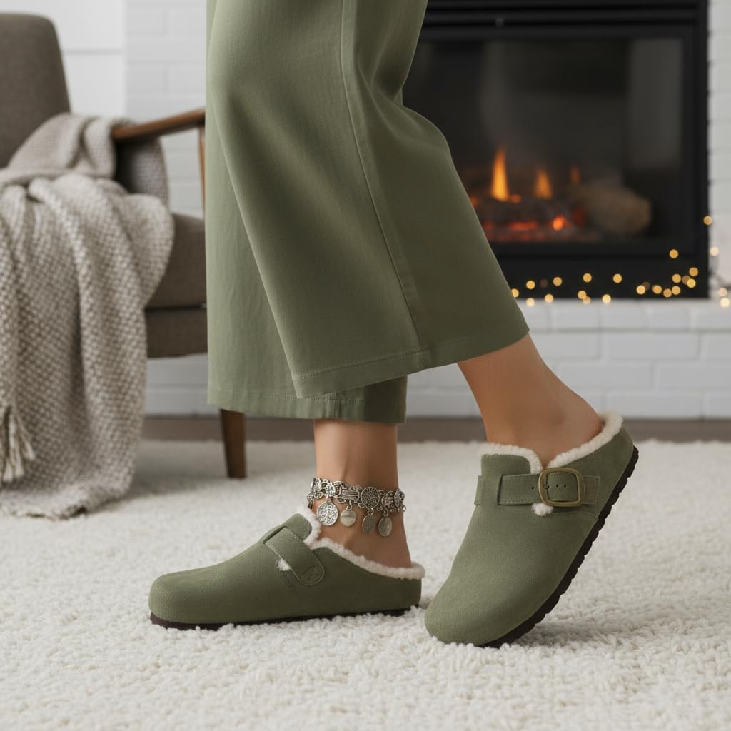 CUSHIONAIRE Haven Genuine Leather Clogs for Women – Faux Fur Lined Slip-On Womens Shoes with Cork Footbed and Adjustable Buckle - Image 6