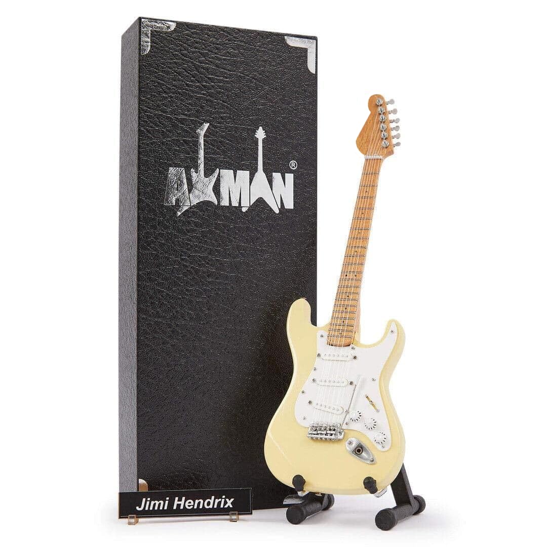 Jimi Hendrix: 1968 White - Miniature Guitar Replica - Music Gifts - Handmade Ornamental 1/4 Scale - Includes a Display Box, Name Tag and Miniature Guitar Stand