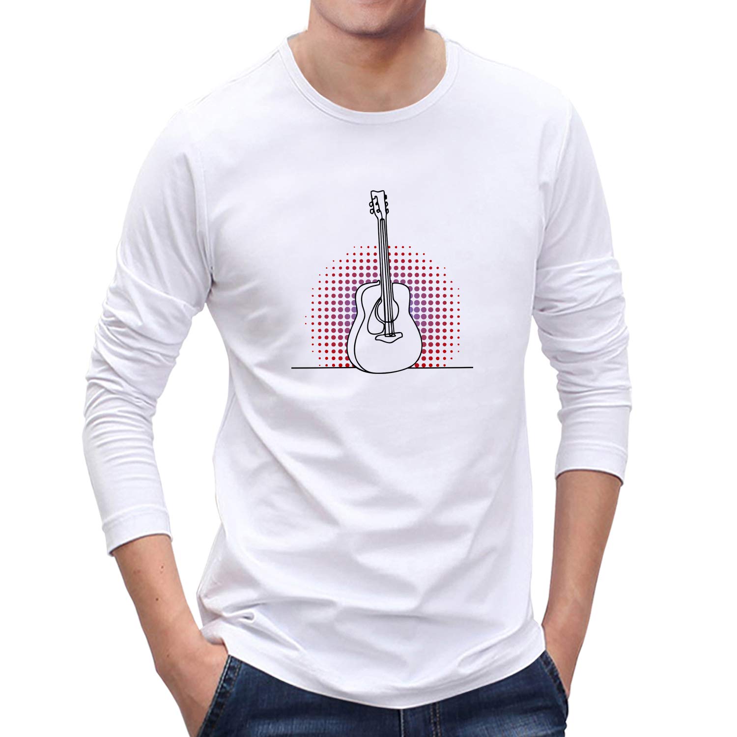 OPLUMen's Regular Fit Guitar Abstract Cotton Printed Round Neck Full Sleeves Pootlu Tshirt. Music, Guitar, Musical Instrument Tees and Tshirts (Pooplu_White_Large)