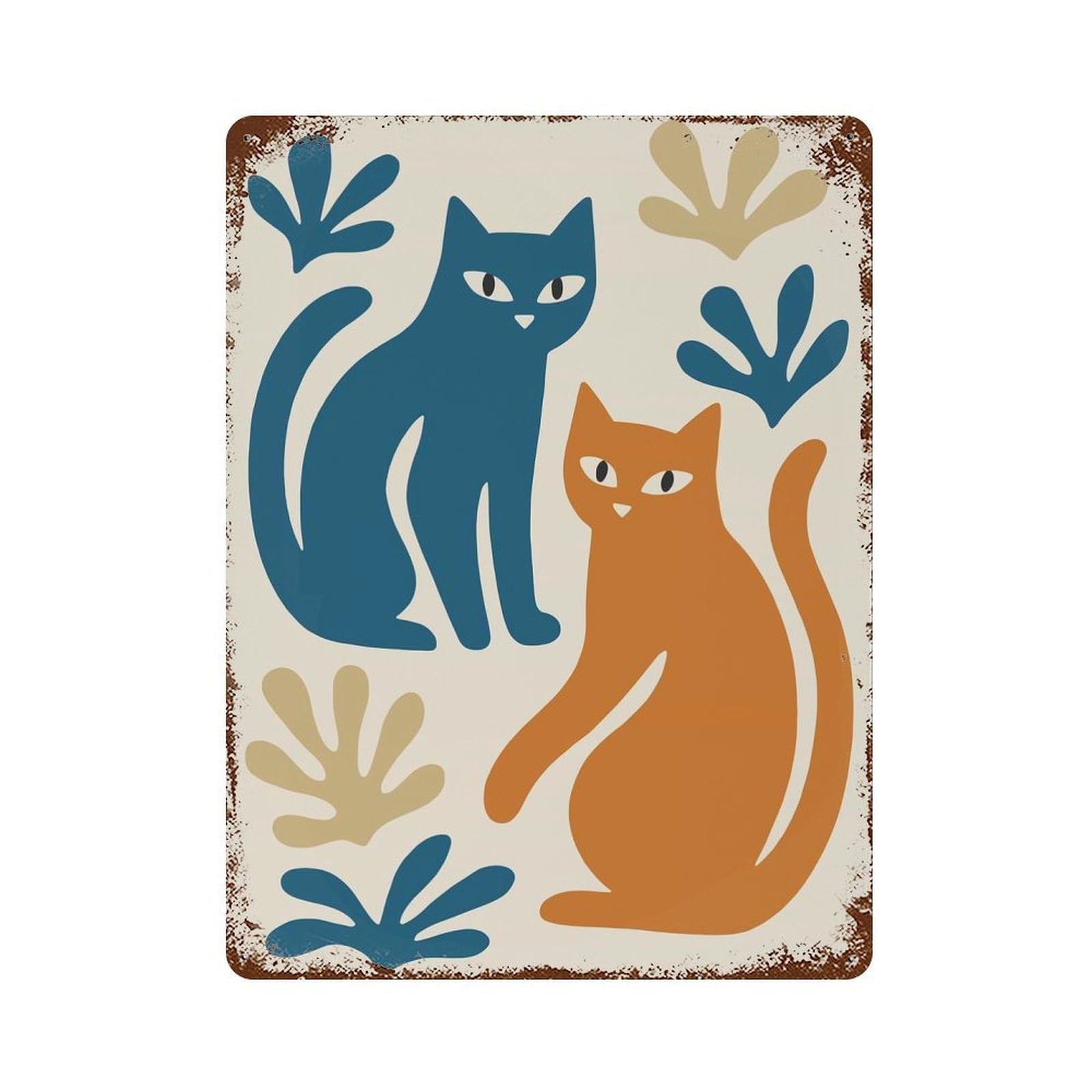 Abstract Cats And Foliage Illustration Vintage Metal Tin Sign 15.7"x11.8", Rustic Home Decor for Garage, Bar And Workshop Decor
