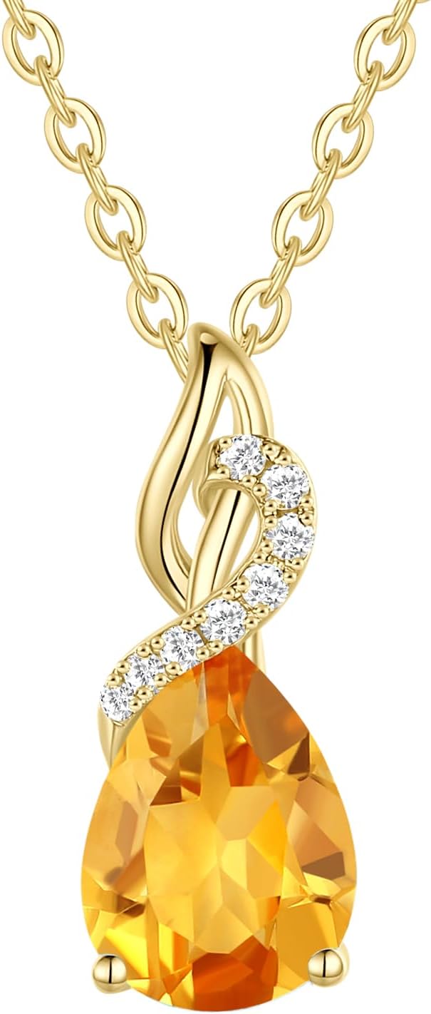 FANCIME 14K Solid Yellow Gold Teardrop Pendant with Diamond Birthstone Necklace Birthday Gifts for Mom Women, Sterling Silver Chain 16" + 2" Extender