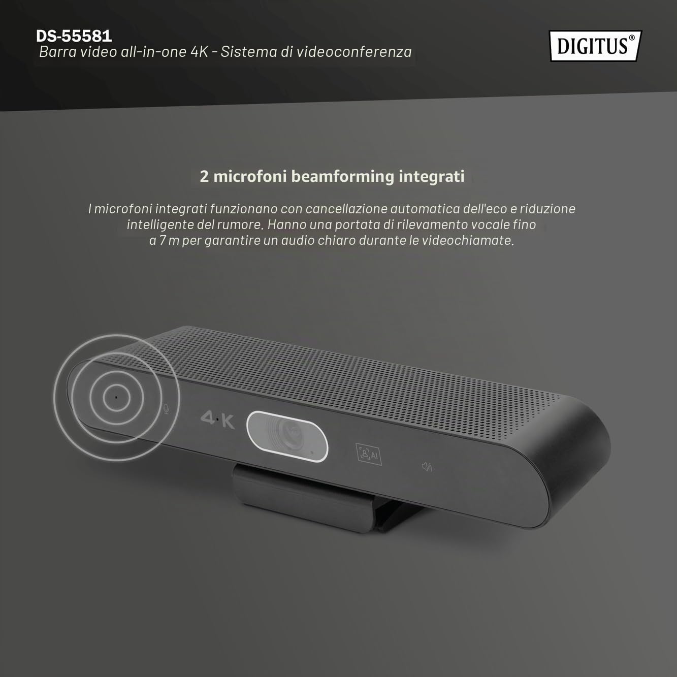 DIGITUS DS-55581 Video Bar Mini, Sistema di videoconferenza - Webcam 4K UHD 30 Hz ePTZ - 2 microfoni interni - altoparlante interno 2 W - messa a fuoco e zoom automatici, cancellazione dell'eco