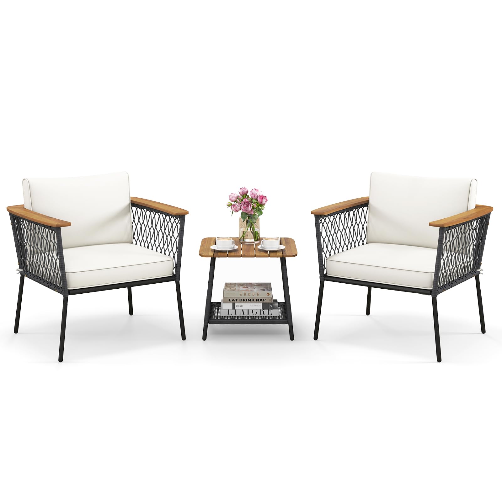 COSTWAY Conjunto Jardin Exterior Ratán 3 Piezas, Mesa de Café 2 Niveles con Tablero de Acacia, 2 Sillas con Reposabrazos, Cojines de Asiento y Respaldo, Mesa y Sillas Jardin Terraza Balcon Exterior