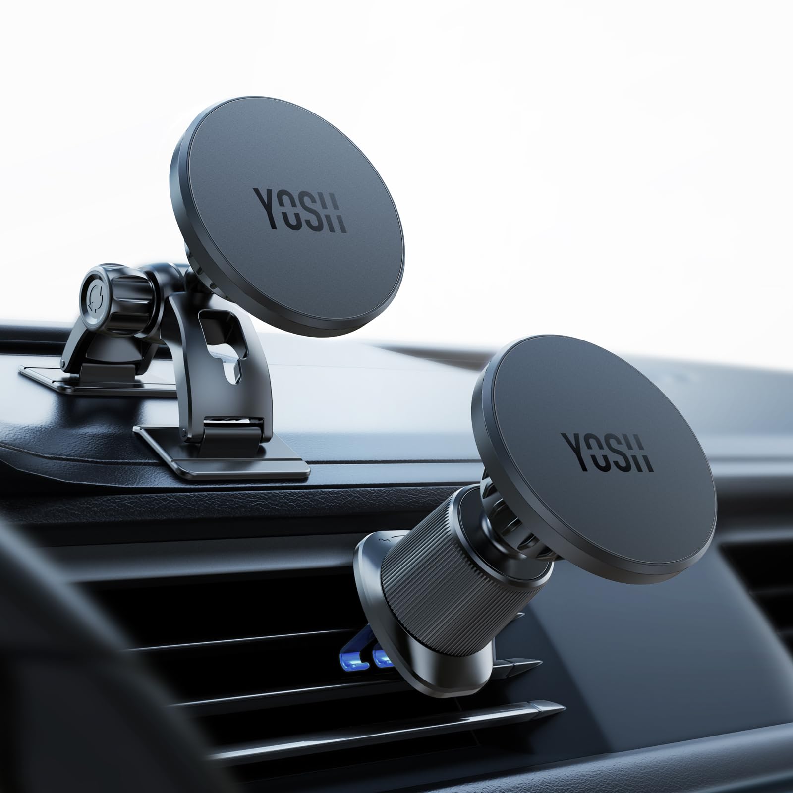 YOSH für MagSafe Autohalterung, 2 in 1 Handyhalterung Auto [Metall-Doppelhaken & 3M-Basis] für Dashboard & Lüftung, Magnetische Handyhalter fürs Auto, für iPhone 17/16/15/14/13/12, ohne Metallplatte