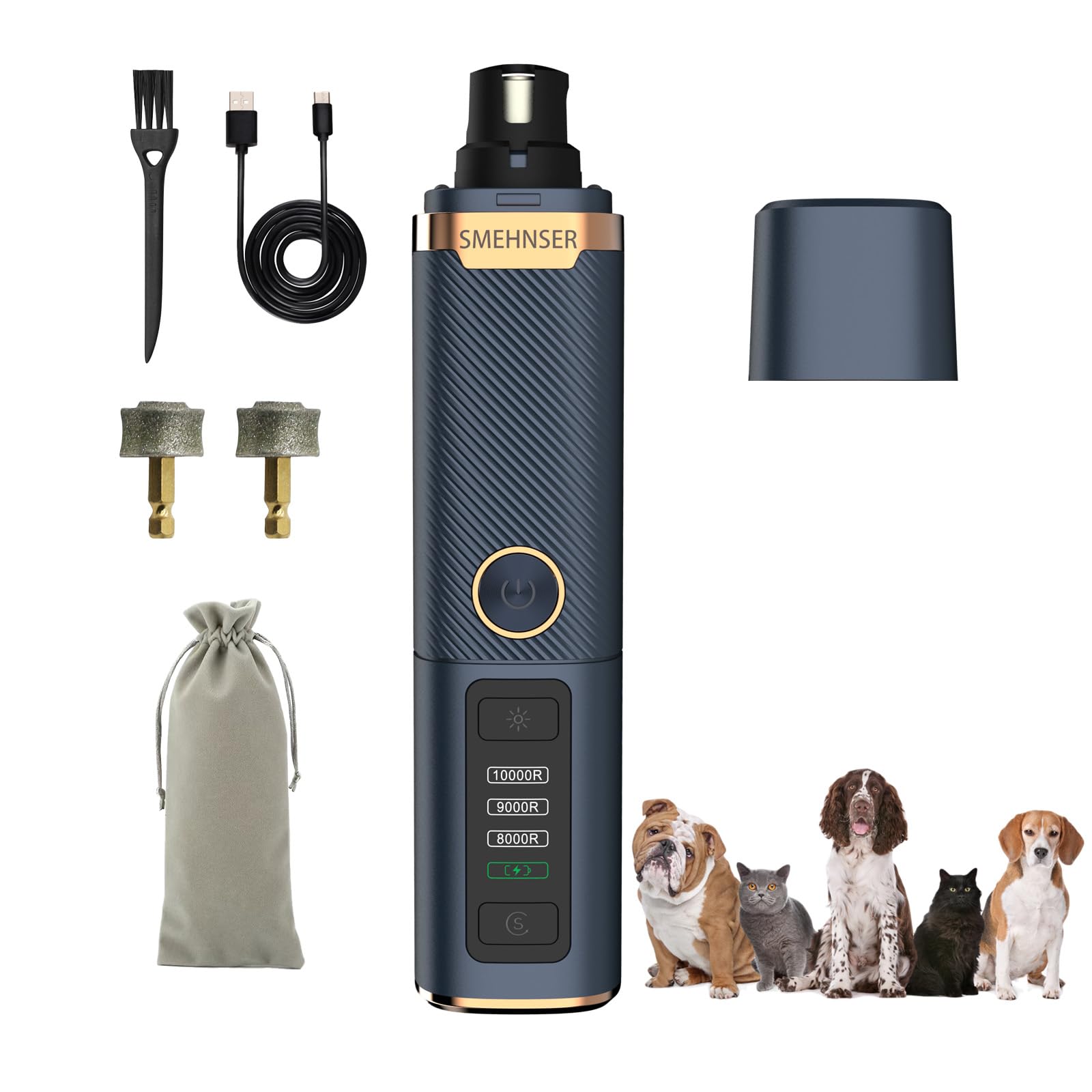 3-Speed Dog Nail Grinder, Super Quiet & Low Vibration Electric Dog Nail Trimmers with USB-C Rechargeable - Painless Paws Grooming Tool for Dogs & Cats