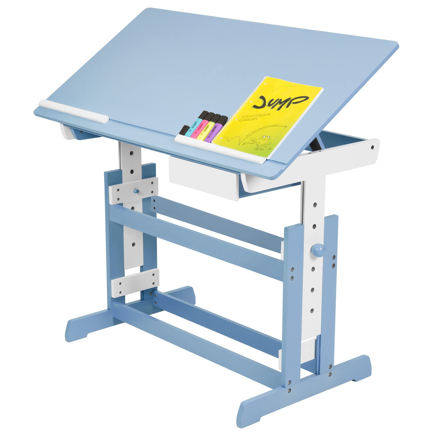tectake® Scrivania Regolabile in Altezza, Piano Scrivanie Inclinabile, Tavolo per Strudiare con Angoli Arrotondati, Scrivania Ragazzi con Cassetto e Listelli Ferma Oggetti - Blu