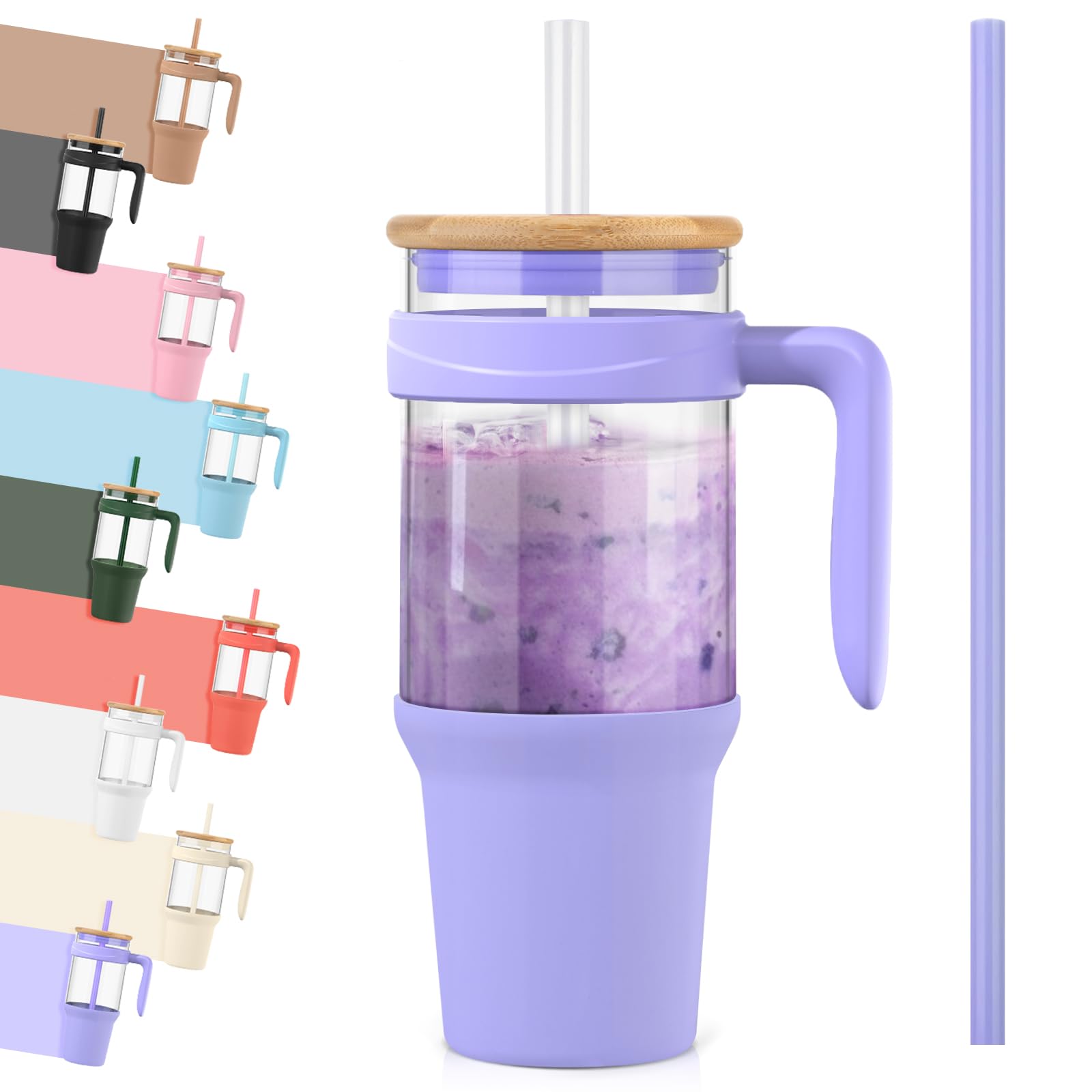 tronco 40 oz Glass Tumbler with Straw and Lid, Reusable Glass Tumbler with Handle, Iced Coffee Cup with Bamboo Lid, Glass Water Bottles Fit in Cup Holder, Smoothie Cup Boba Cup