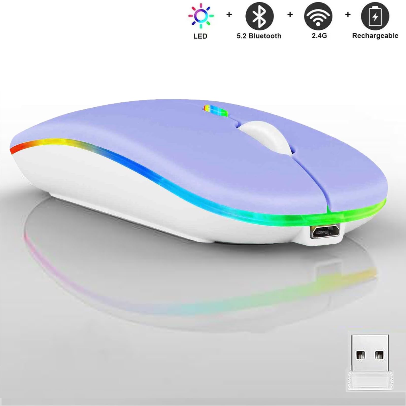 Guiheng Ratón inalámbrico Bluetooth, LED de modo dual recargable, silencioso, delgado, portátil (BT5.2 + receptor USB), ratones de computadora de modo dual, para laptop, computadora de escritorio,