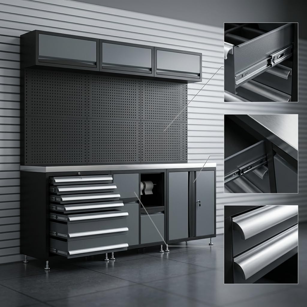 Werkstattschrank Metall, Werkbank mit Schubladen, Werkstatteinrichtung Komplettset, Garagenschrank Aufbewahrung, Kombinationsschrank-06