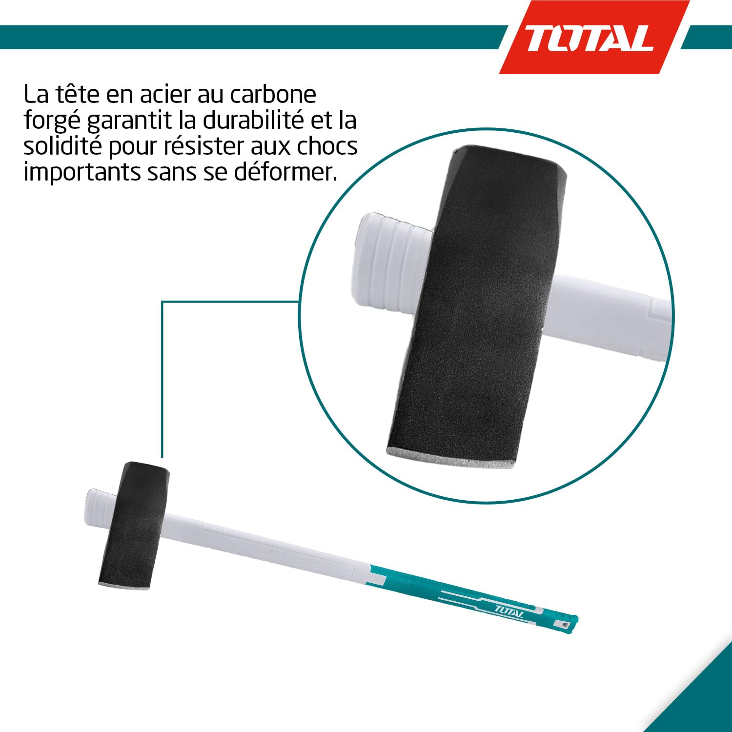 TOTAL - Masse compensée | 3 kg et 900 mm de longueur | Idéal pour le bois de chauffage | Coupe le bois épais et dur | Poignée en fibre de verre | Tête en acier au carbone forgé à chaud