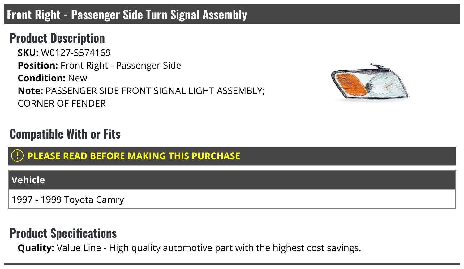 Front Right Passenger Side Turn Signal Assembly - Compatible with 1997-1999 Toyota Camry,W0127-S574169
