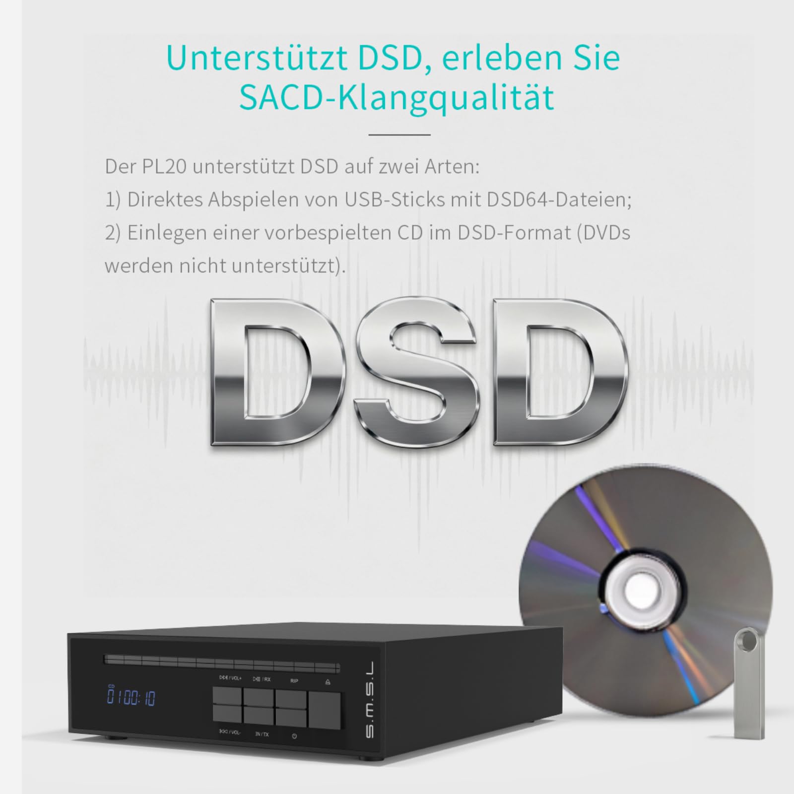 SMSL PL20 HiFi CD-Spieler für Zuhause, CD-Ripper, Bluetooth-Autoradio-CD-Player, 2×CS43131-Chip, USB-Stick/Bluetooth-Eingang, RCA/BT/3,5mm/4,4mm Symmetrisch/Optisch/Koaxial Digitaler Ausgang (Schwarz)
