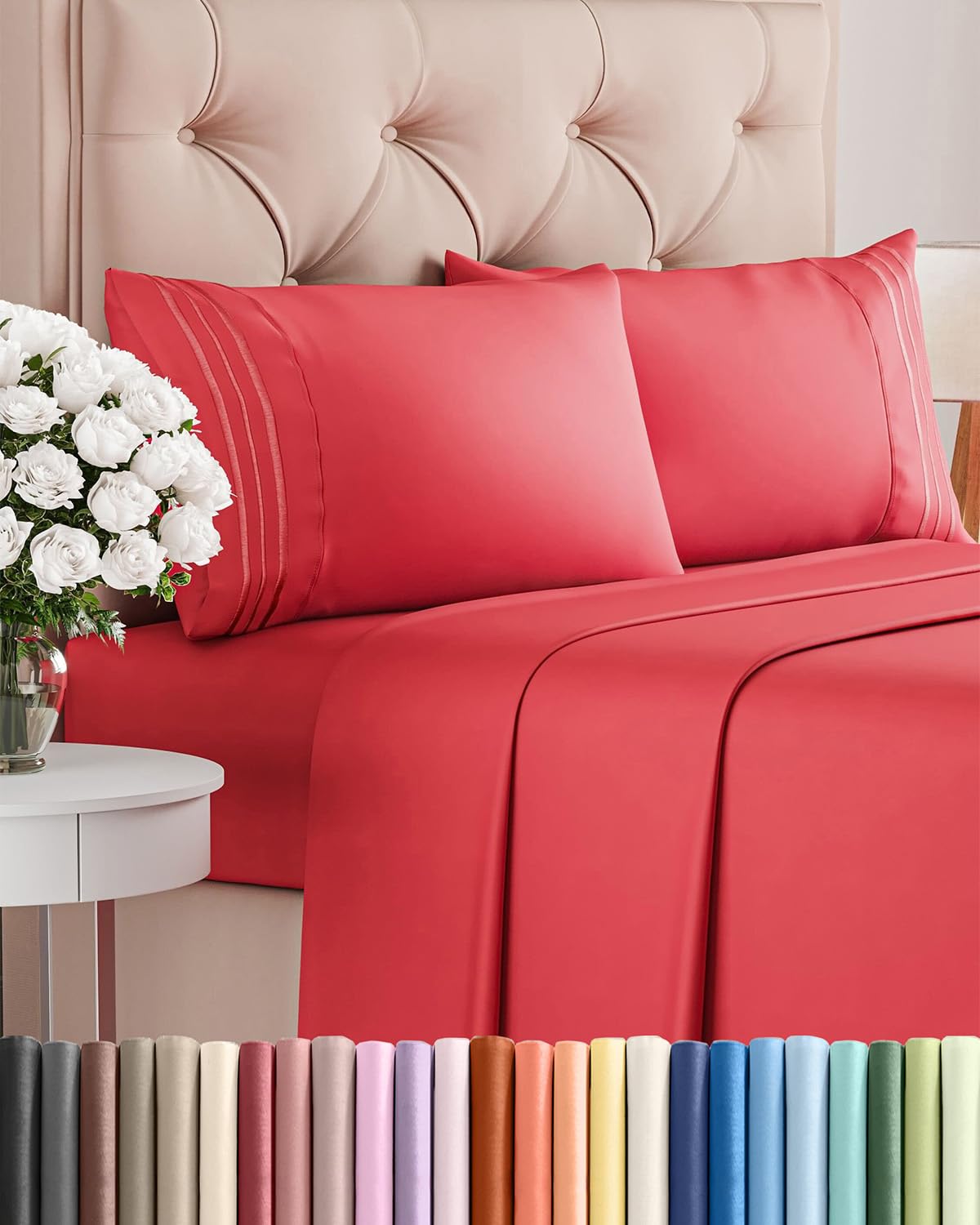 Queen Size 4 Piece Sheet Set - Comfy Breathable & Cooling Bed Sheets Set - Hotel Luxury Bedding for Women, Men, Kids, Teens, Boys & Girls - Deep Pockets, Ultra-Soft and Wrinkle Free - Oeko-Tex - Red