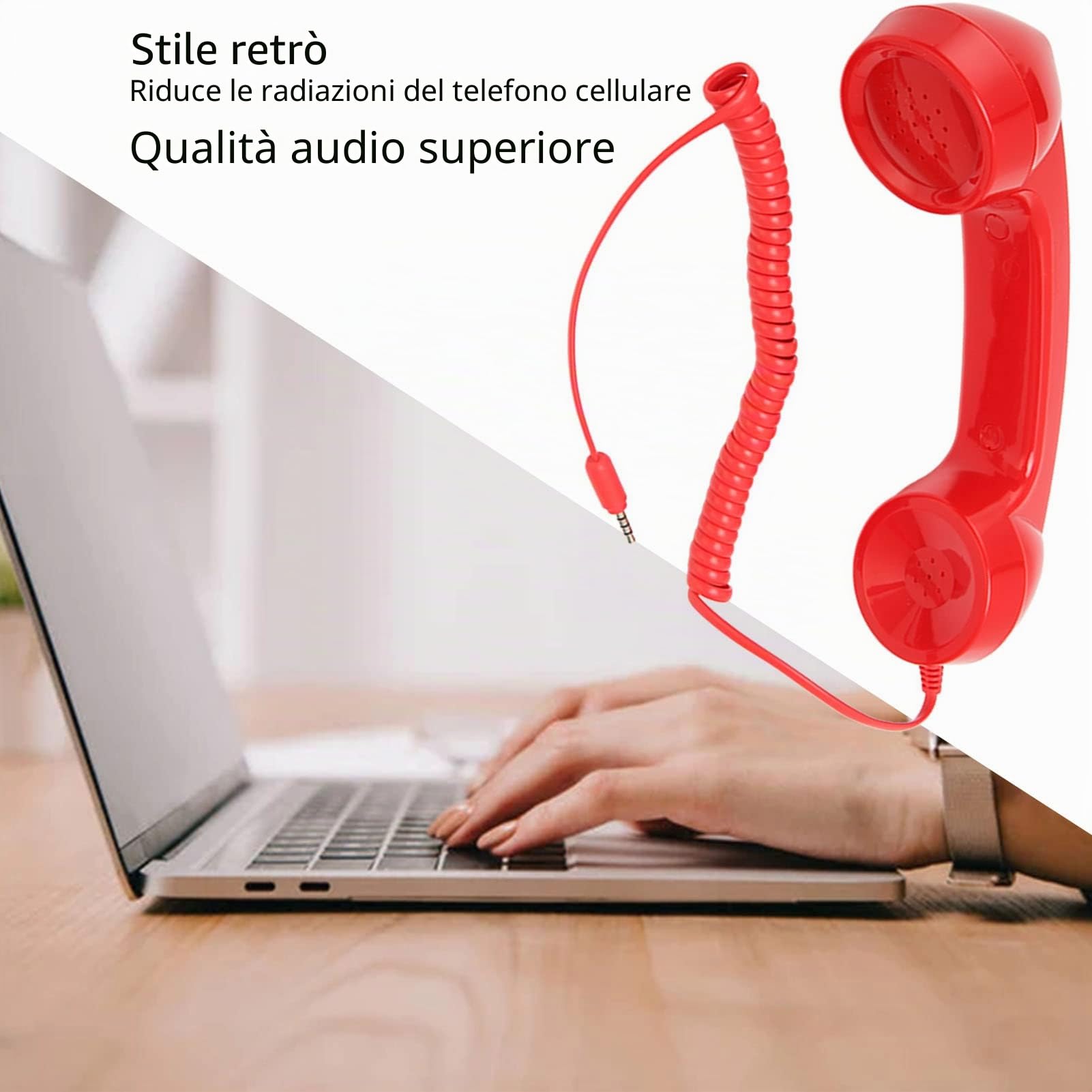 Cornetta del Telefono retrò, Microfono Ricevitore per Telefono Cellulare da 3,5 Mm con Controllo del Volume, Microfono con Cavo a Spirale da 9 Piedi per Smartphone (Rosso)