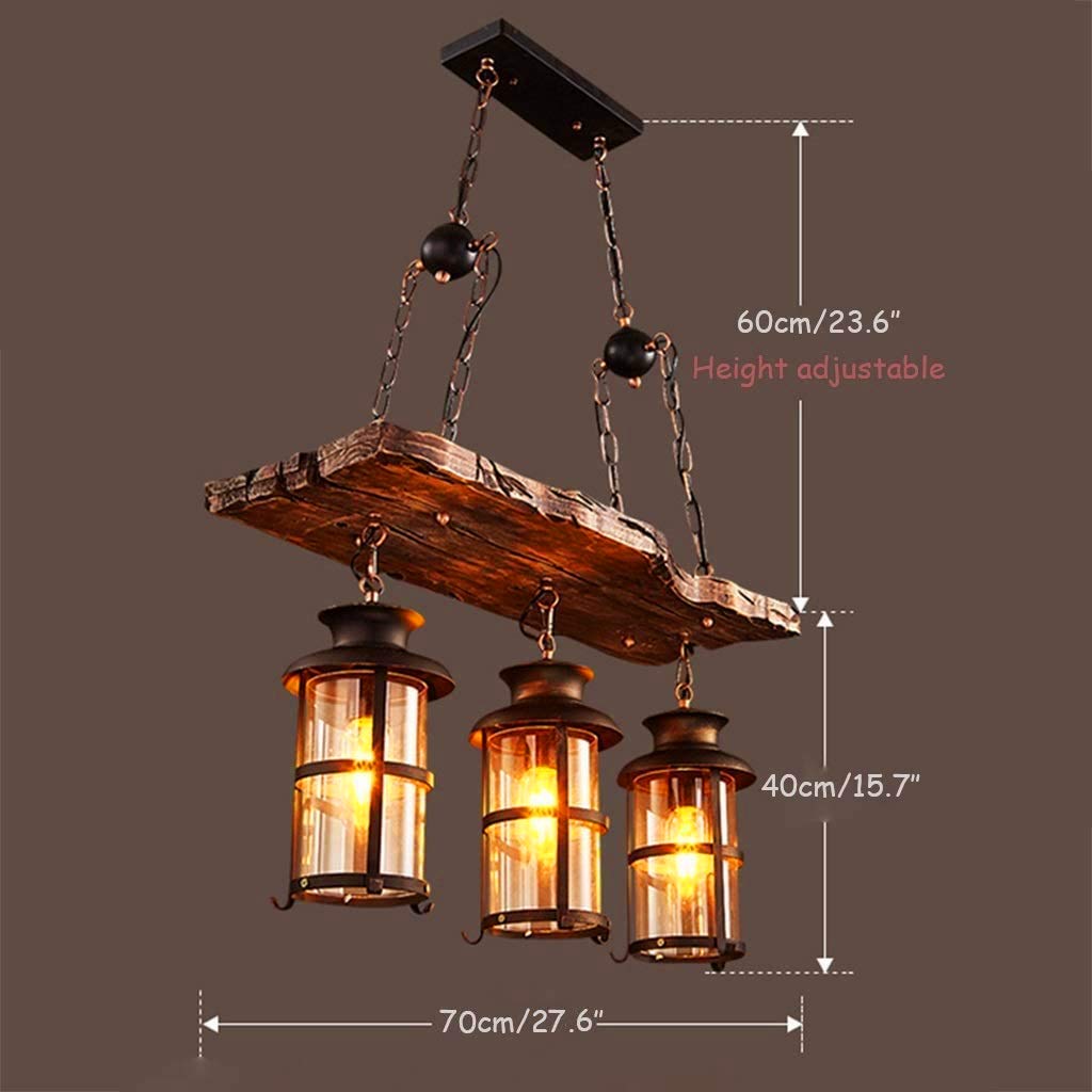 Vintage Holz Hängeleuchte Industrielle Pendelleuchte 3-flammig Pendellampe | Hängelampe im Retro-Landhausstil,Glas Lampenschirm E27-Fassung Kronleuchter für Esstisch, Kücheninsel Esszimmer Wohnzimmer